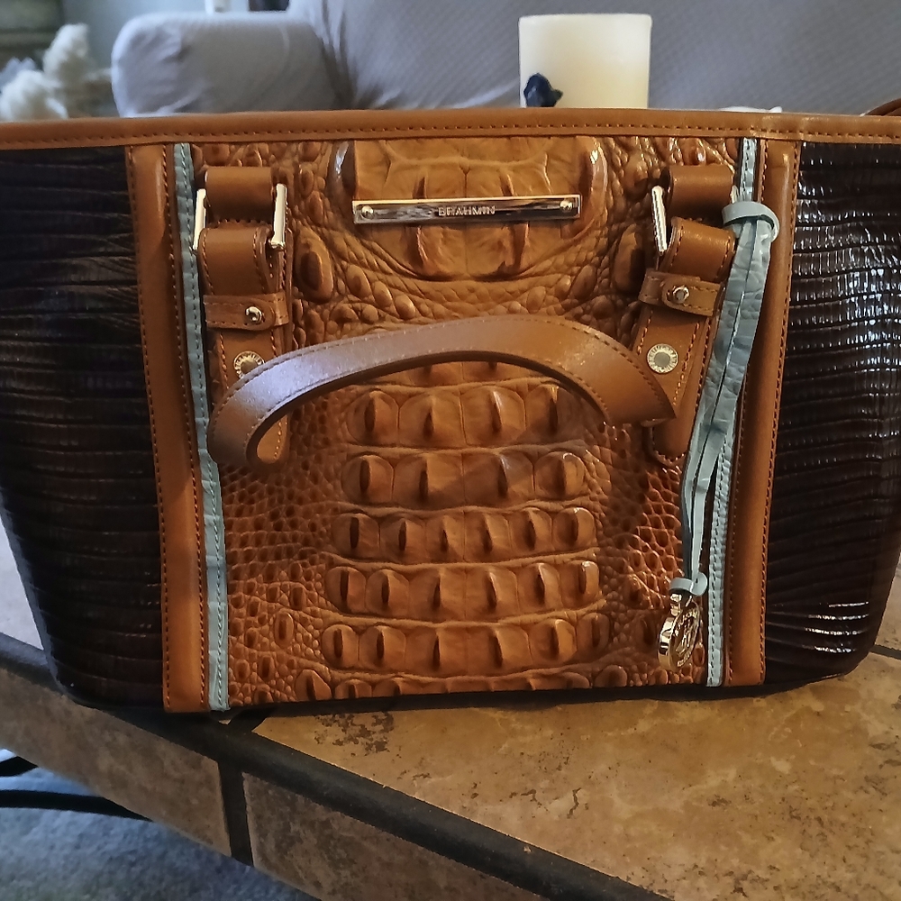 Brahmin Brown and Blue Croc Embossed Handbag